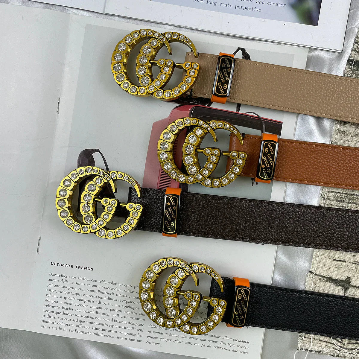 4 Colors double-G rhinestone double-sided lychee pattern belt