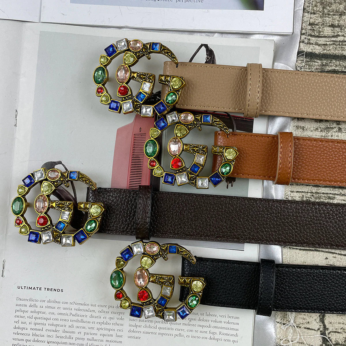 4 Colors double G seven-color rhinestone double-sided lychee pattern belt