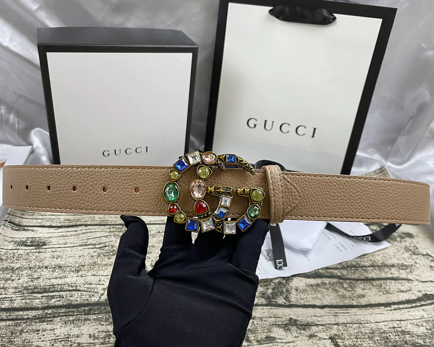 4 Colors double G seven-color rhinestone double-sided lychee pattern belt