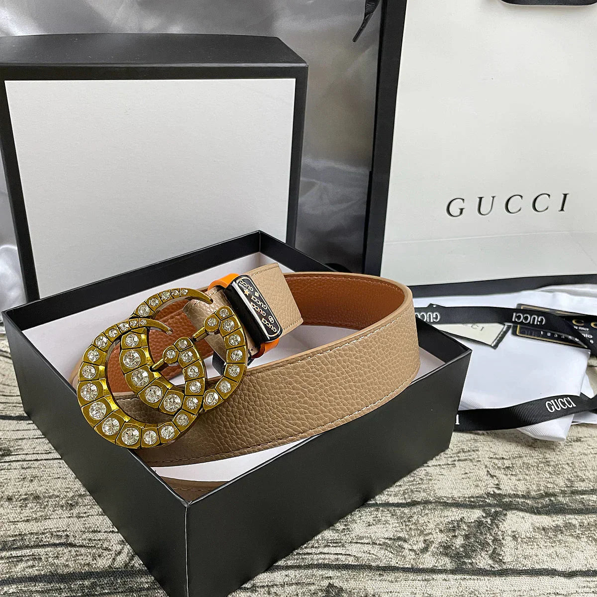 4 Colors double-G rhinestone double-sided lychee pattern belt