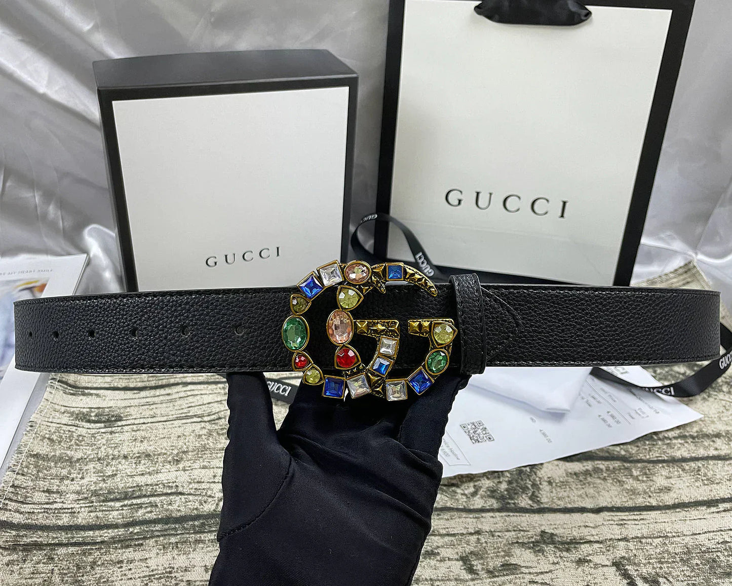4 Colors double G seven-color rhinestone double-sided lychee pattern belt