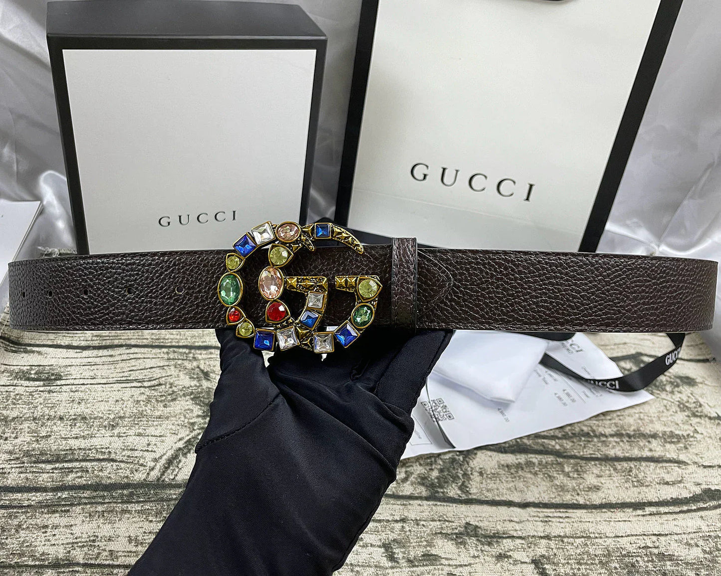 4 Colors double G seven-color rhinestone double-sided lychee pattern belt