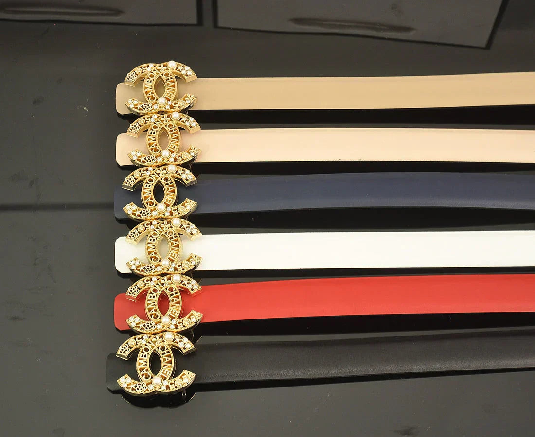 6-color   double C hollow-out LOGO pearl belt