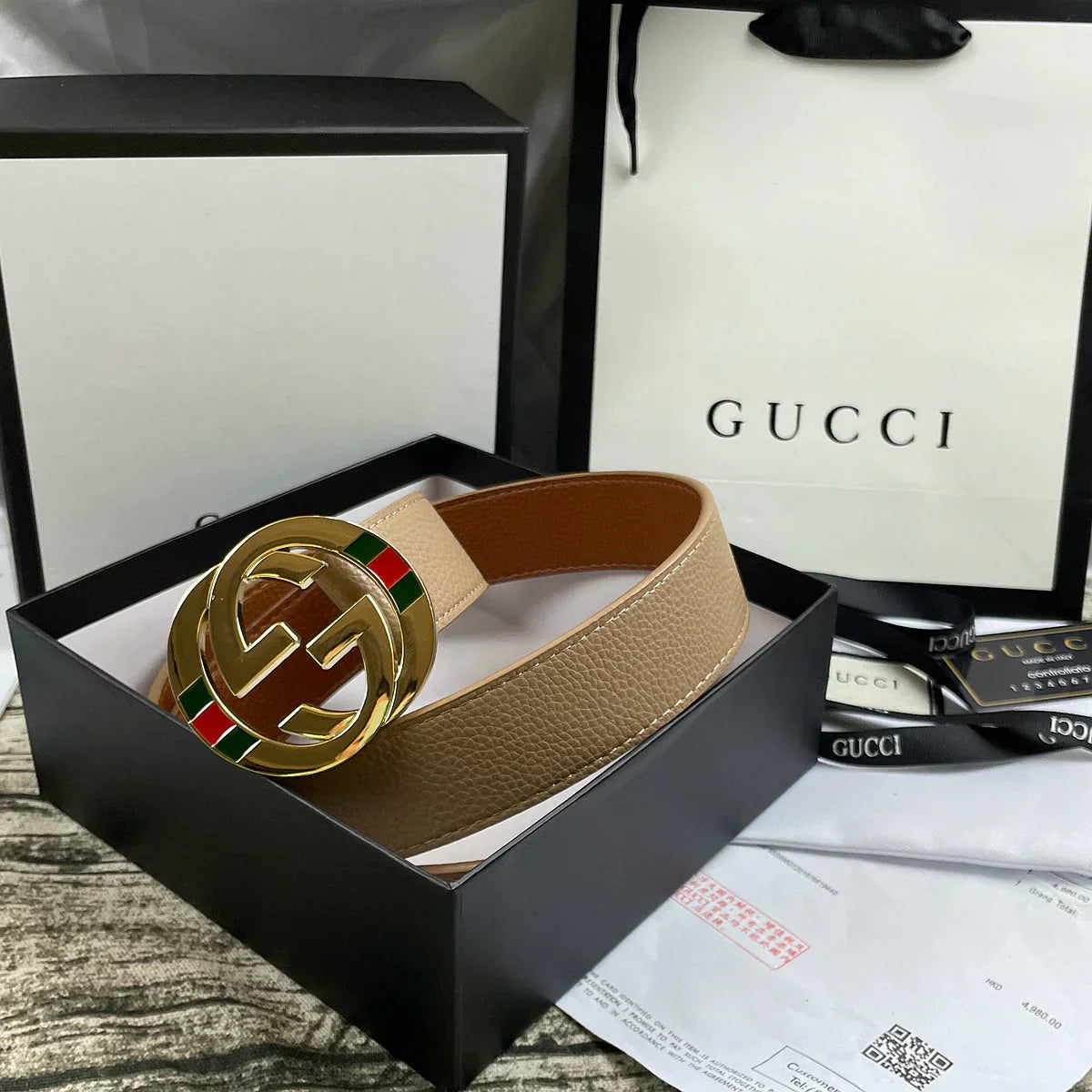 4 Colors   double-G three-layer lychee pattern double-sided belt